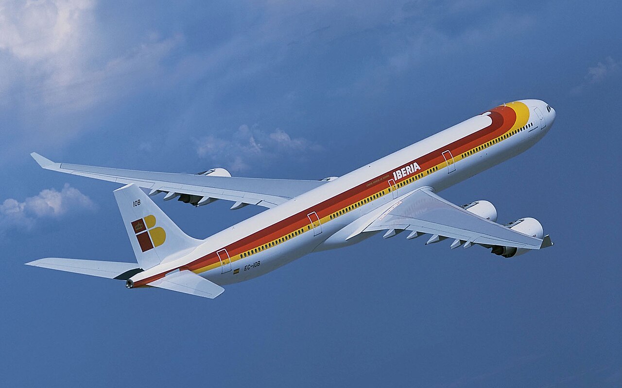 Iberia A340-600 in flight, banking right