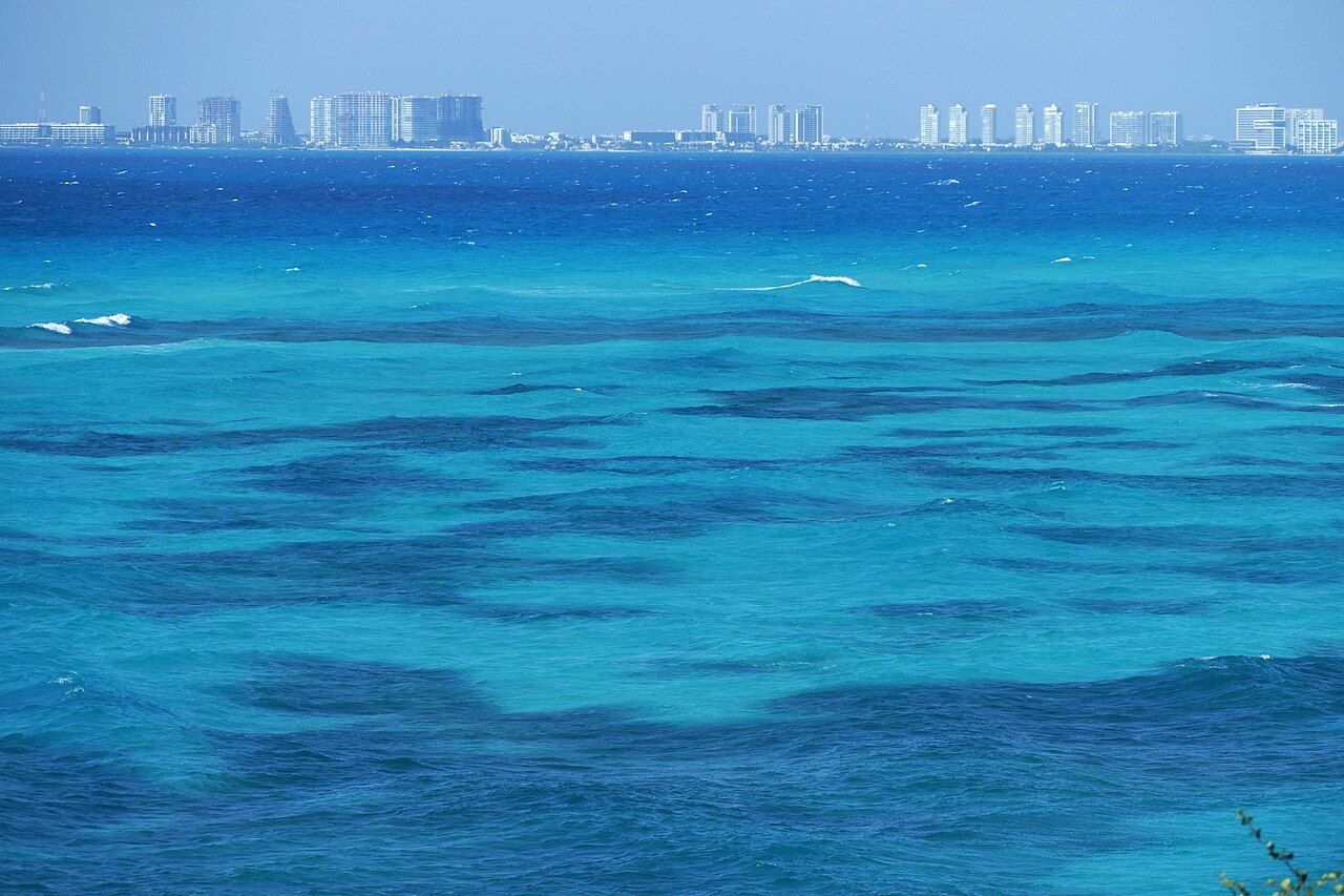 Cancun: Cancun Skyline, view from Isla Mujeres south coast - Quintana Roo Mexico March 2020