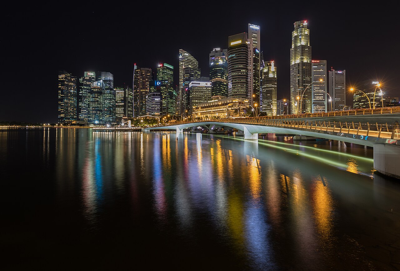 Singapore: Skyline of the Central Business District of Singapore with Esplanade Bridge